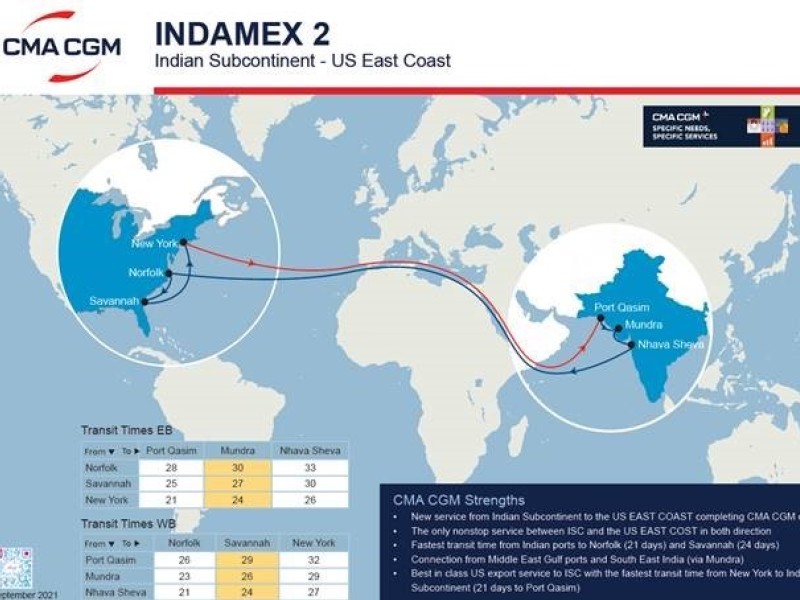 CMA CGM to launch INDAMEX 2 connecting the Indian Subcontinent with the US East Coast