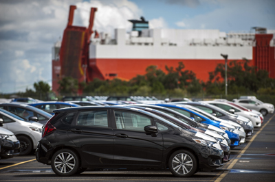 Honda Fit vehicles arrive at the Port of Brunswick. New business from Honda, as well as growing cargo from other carmakers, led to a record year in roll-on/roll-off traffic for the port. Brunswick experienced growth in all cargo sectors in FY2014.