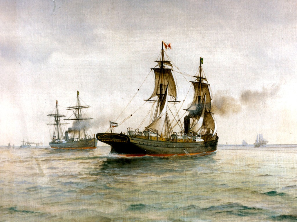 Eleven Hamburg-based merchants, shipowners and bankers found the Hamburg Südamerikanische Dampfschifffahrts-Gesellschaft on 4 November 1871. A monthly service is immediately launched to Brazil and extended to La Plata a few months later. The “Santos” was one of the first three ships to be deployed on the route between Hamburg and Brazil in 1871.