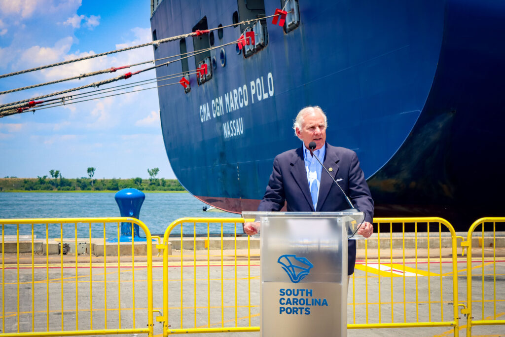 Governor Henry McMaster celebrated the arrival of the largest container ship to ever call on the East Coast, signifying a big moment for South Carolina and SC Ports. (Photo/SCPA/English Purcell)