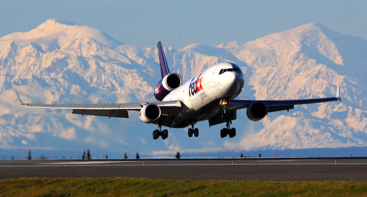 A FedEx cargo plane touches down at Ted Stevens Anchorage International Airport in Alaska.