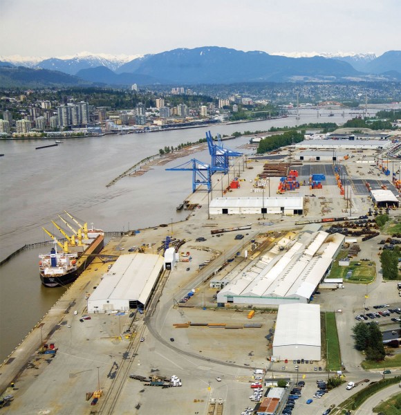 Aerial view of Fraser Surrey Docks at the Port of Vancouver, BC