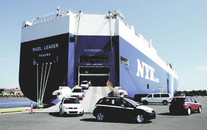 Cars roll off an NYK Line vessel into the Port of Baltimore.