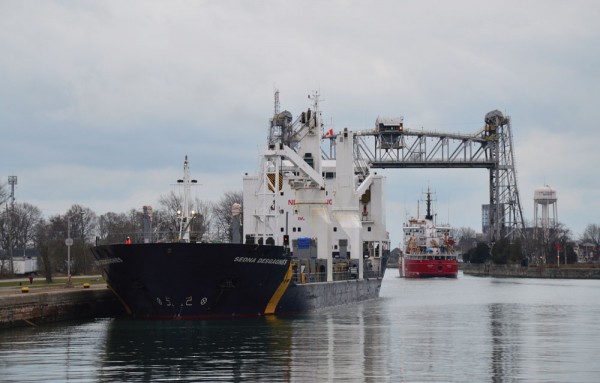 Two ships passing through the Welland Canal of the St. Lawrence Seaway