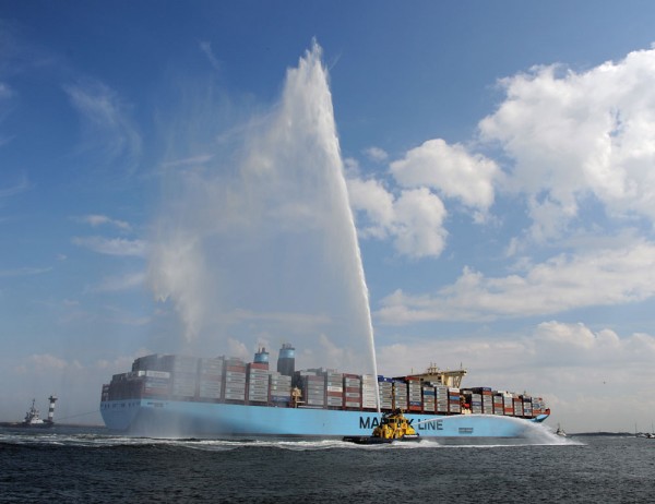 The Maersk Mckinney Moller entering the Port of Rotterdam on her maiden voyage.