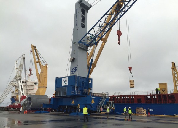 Crates being unloaded from the BBC Ruby at the Port of Davisville, RI