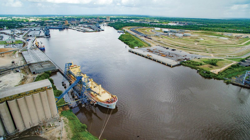 Facilities at the Port of Beaumont include a Louis Dreyfus grain elevator and, across the Neches River, the newly developed Jefferson Energy Beaumont Terminal