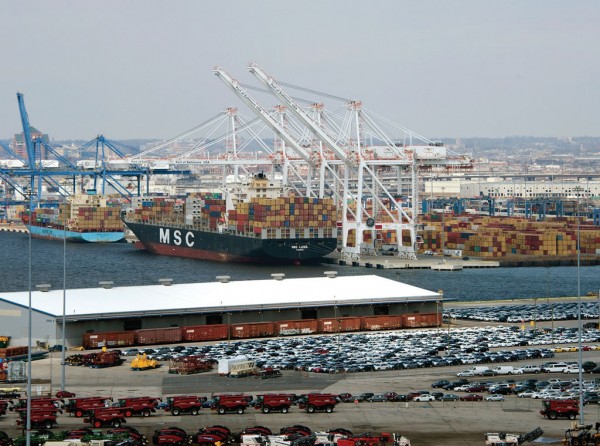 The Port of Baltimore’s US-leading roll-on/roll-off operations, in foreground, are a perfect complement to the port’s growing containerized cargo business.
