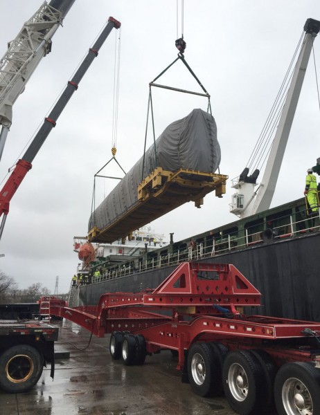 Rocket booster cores, each weighing more than 13 tons and measuring 87 feet in length, are lifted off a vessel from Ukraine at the Port of Wilmington.