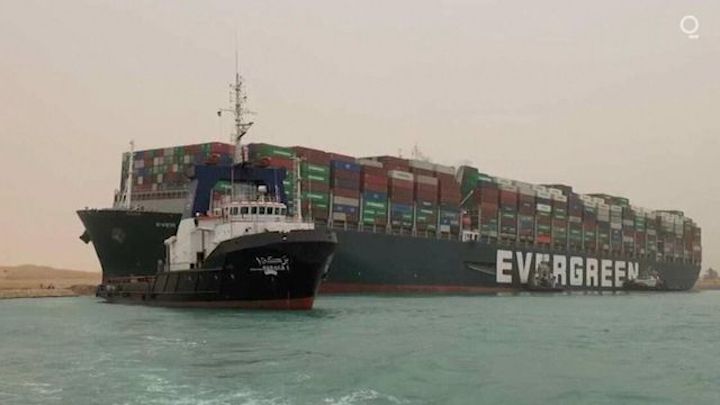 Ever Given, a container ship longer than the Eiffel Tower that ran aground in the southern part of the canal in Egypt