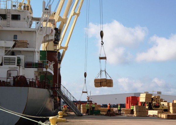 At the Port of Pascagoula’s Pascagoula River Harbor, a breakbulk shipment of lumber is loaded aboard a vessel for export to the Dominican Republic.