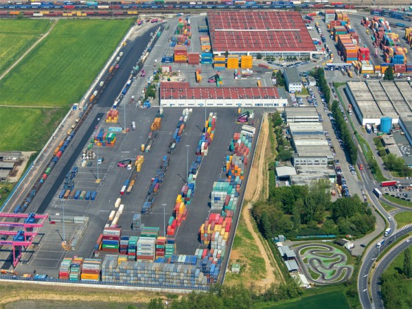 Aerial view of the Contship rail yard in Milano, Italy