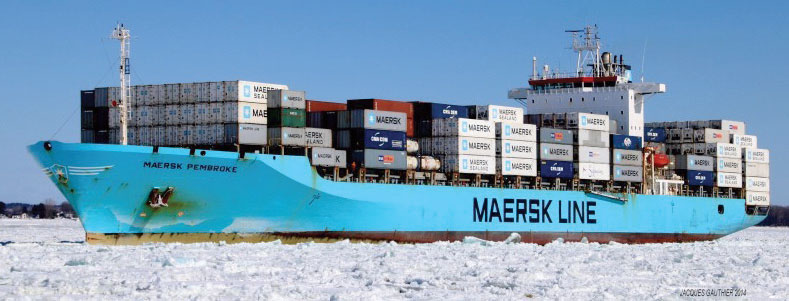 The Maersk Pembroke sails through the Arctic Sea.
