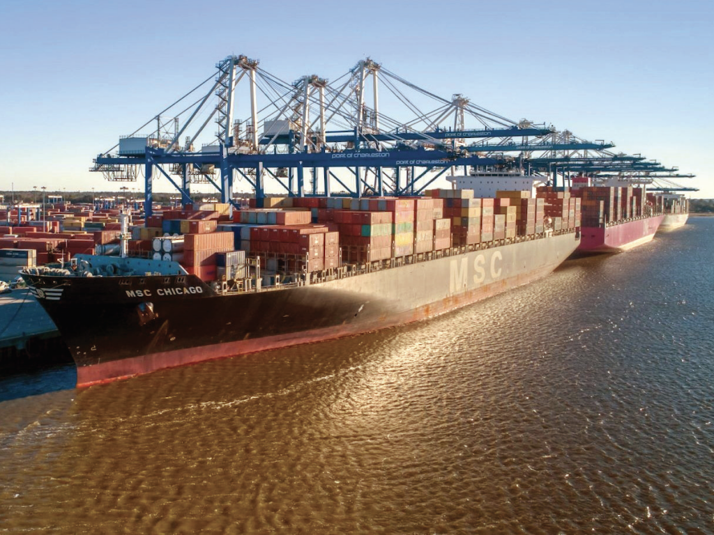 Berths at the South Carolina Ports Authority’s Wando Welch Terminal boast ability to simultaneously accommodate multiple mega-containerships. Photo credit: South Carolina Ports Authority