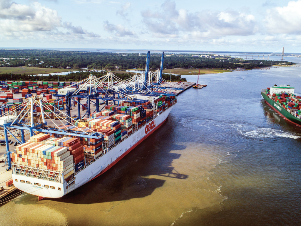 The South Carolina Ports Authority’s Wando Welch Terminal now routinely handles vessels with capacities of more than 13,000 TEUs, such as Orient Overseas Container Line’s OOCL France. Photo credit: SkyView Aerial Solutions