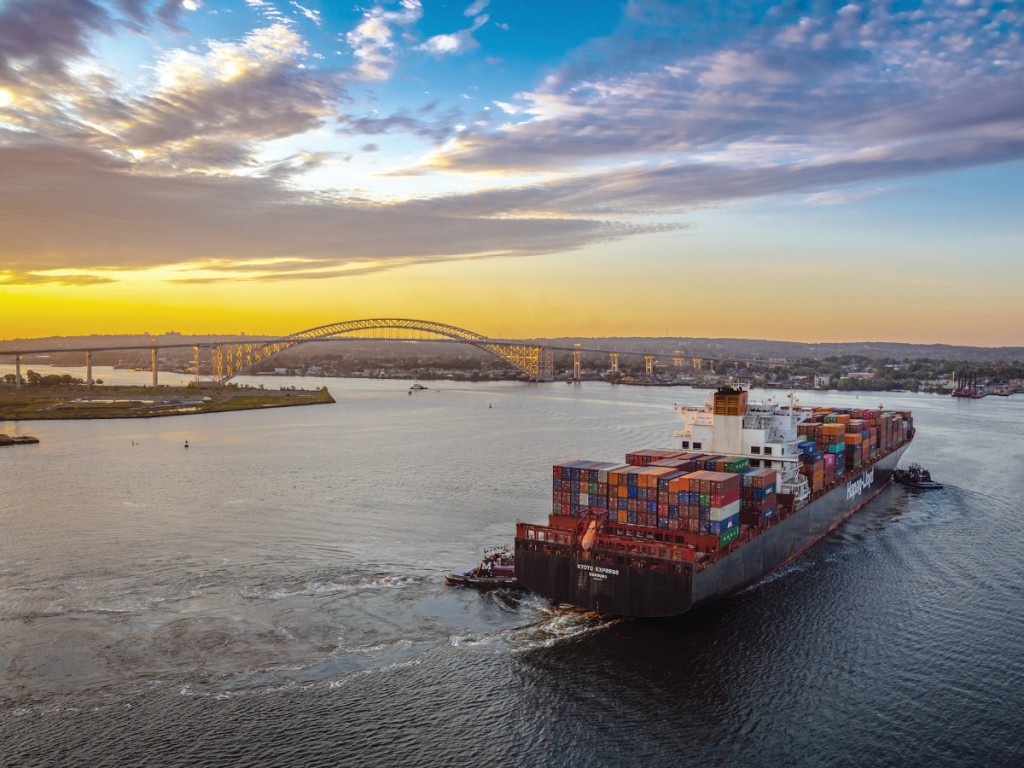 Recent raising of the Bayonne Bridge roadbed allows increasingly large containerships to call Port of New York and New Jersey marine terminals. (Photo credit The Port Authority of New York and New Jersey) 