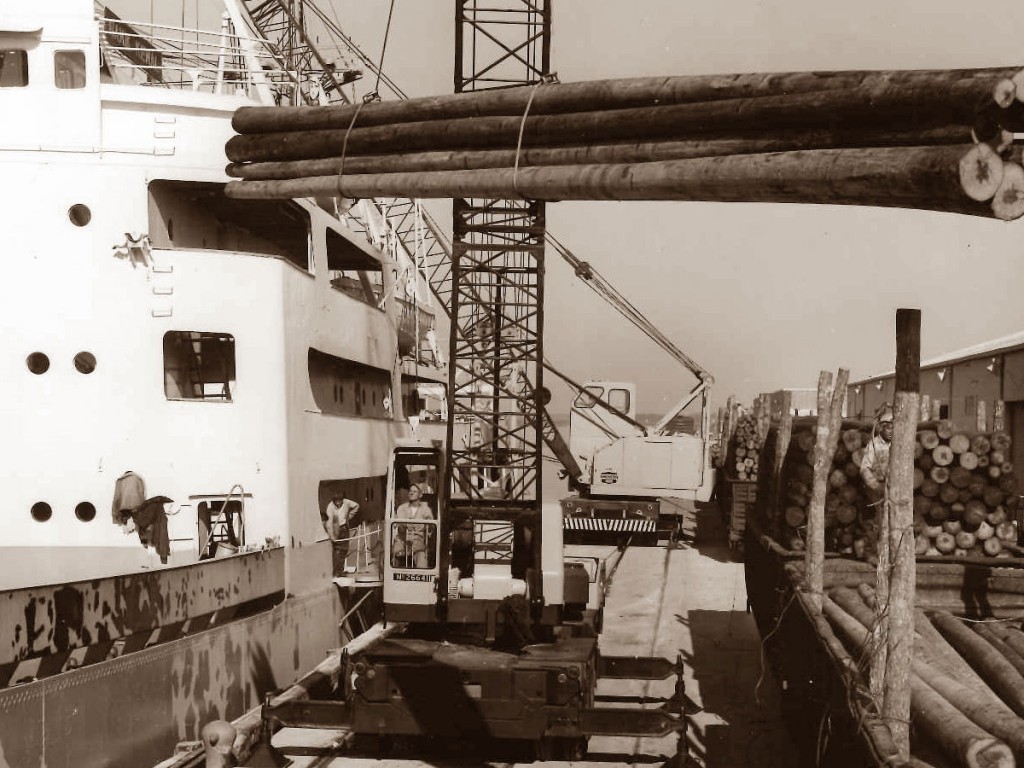 A mobile harbor crane is used to load long wooden poles onto a ship at the Port of Savannah in 1965.