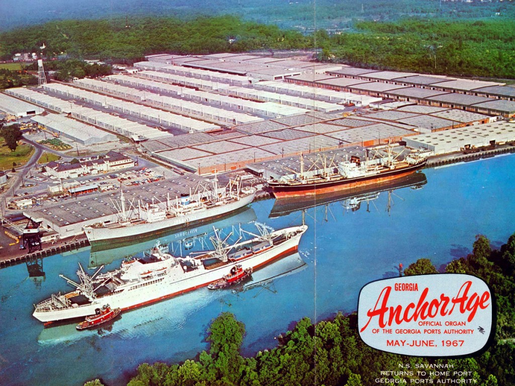A 1967 cover illustration for the Georgia Ports Authority’s magazine depicts a sprawl of sheds and warehouses at Savannah’s Garden City Terminal.