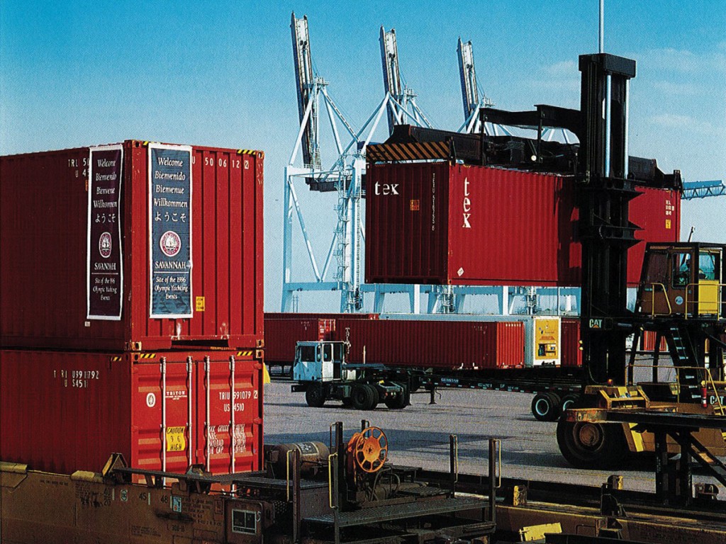 In 1996, toplifts (since supplanted by a modern fleet of rubber-tired gantries) are used to work the Garden City Terminal container yard.
