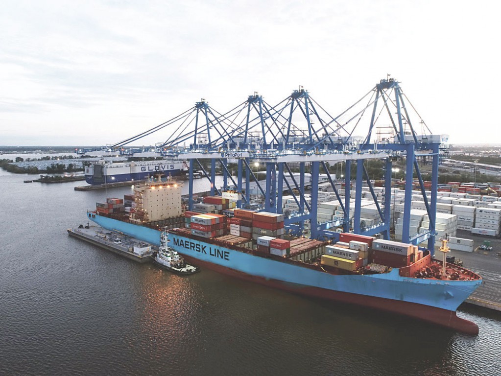 Four post-Panamax cranes team to work a Maersk Line vessel at PhilaPort’s Packer Avenue Marine Terminal, the port’s primary container-handling facility.