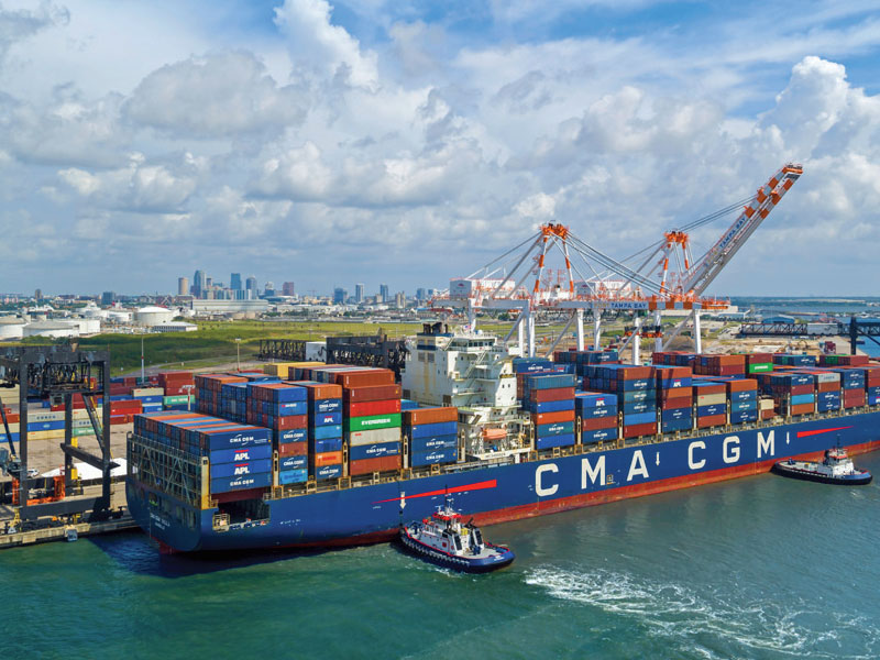 CMA CGM’s 8,465-TEU-capacity containership CMA CGM Dalila berths at Port Tampa Bay’s expanding container terminal, operated by Ports America. 