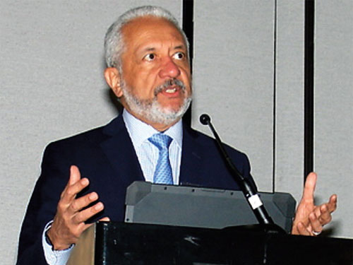 Panama Canal Authority Administrator Dr. Ricuarte Vásquez Morales discusses concerns, including a shortage of fresh water supply for vessel transits. (Photo by Paul Scott Abbott, AJOT)