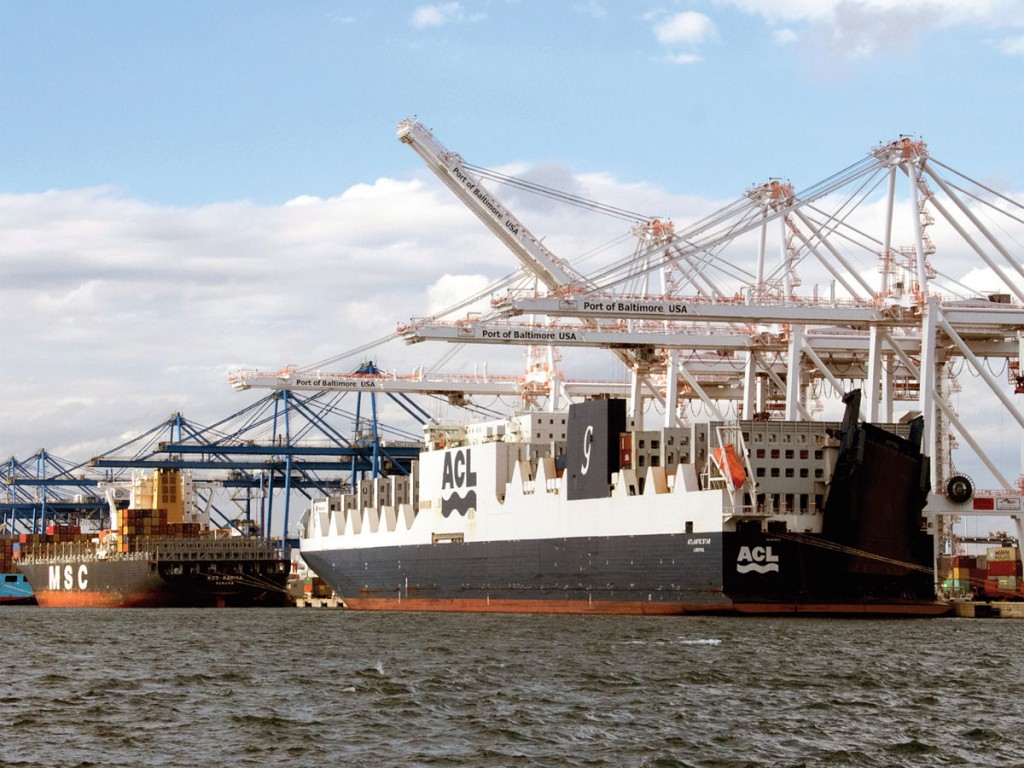 MSC and ACL container vessels lined up along Seagirt Terminal at the Port of Baltimore.