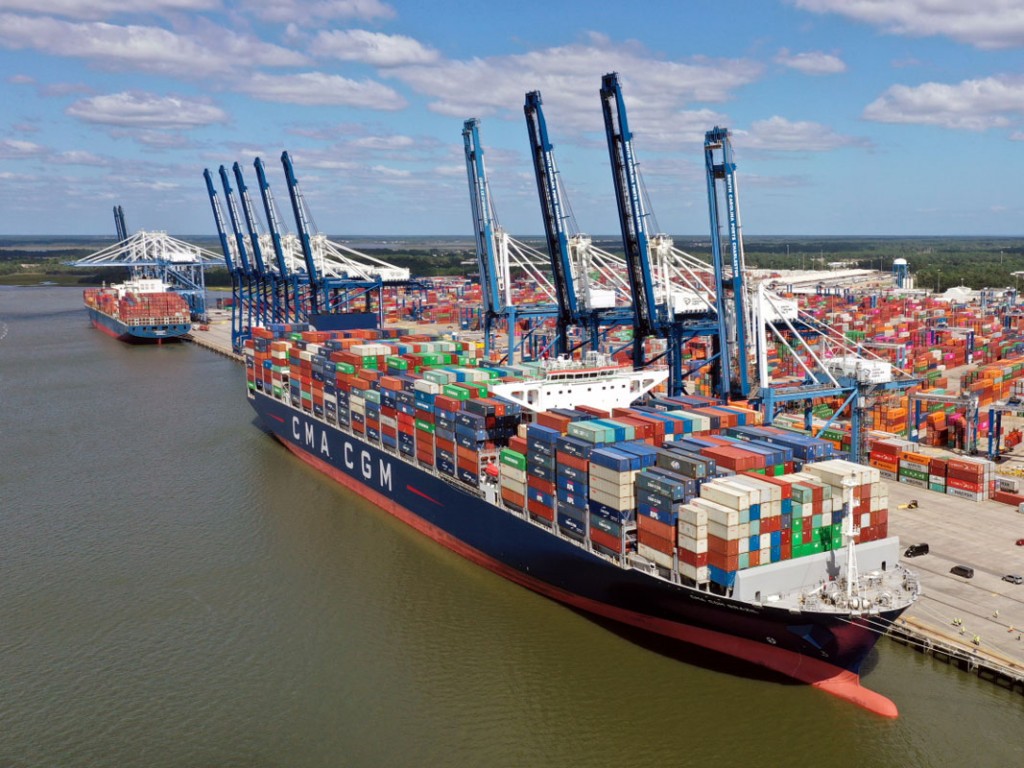 Indicative of megacontainerships already calling the Port of Charleston, the 15,072-TEU-capacity CMA CGM Brazil docks Sept. 20 at Wando Welch Terminal. (Photo credit: Walter Lagrenne, SCPA)