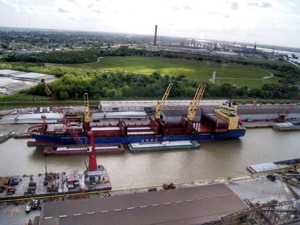 An Atlantic Ro-Ro Carriers vessel is worked at expanding Chalmette Slip of the St. Bernard Port, Harbor & Terminal District.