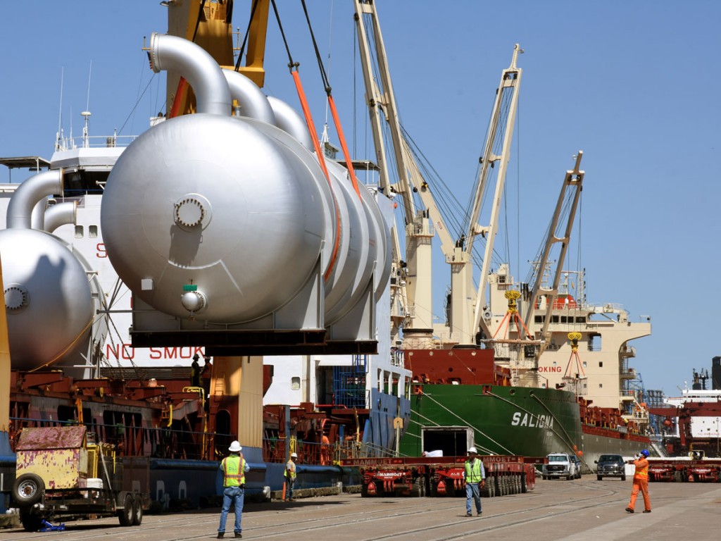 Massive furnace units, destined for upgrading of ExxonMobil’s Beaumont refinery, are offloaded in late November at the Port of Beaumont.