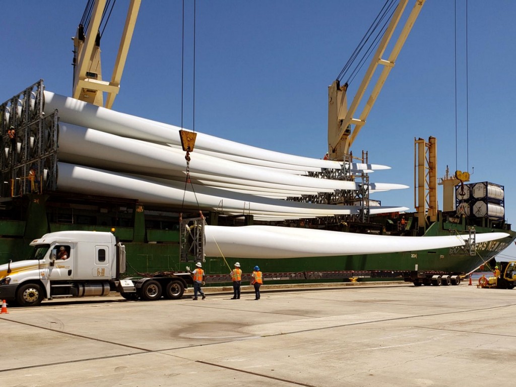 Wind energy units are offloaded at the Port of Lake Charles, which is handling an increasing number of such components.