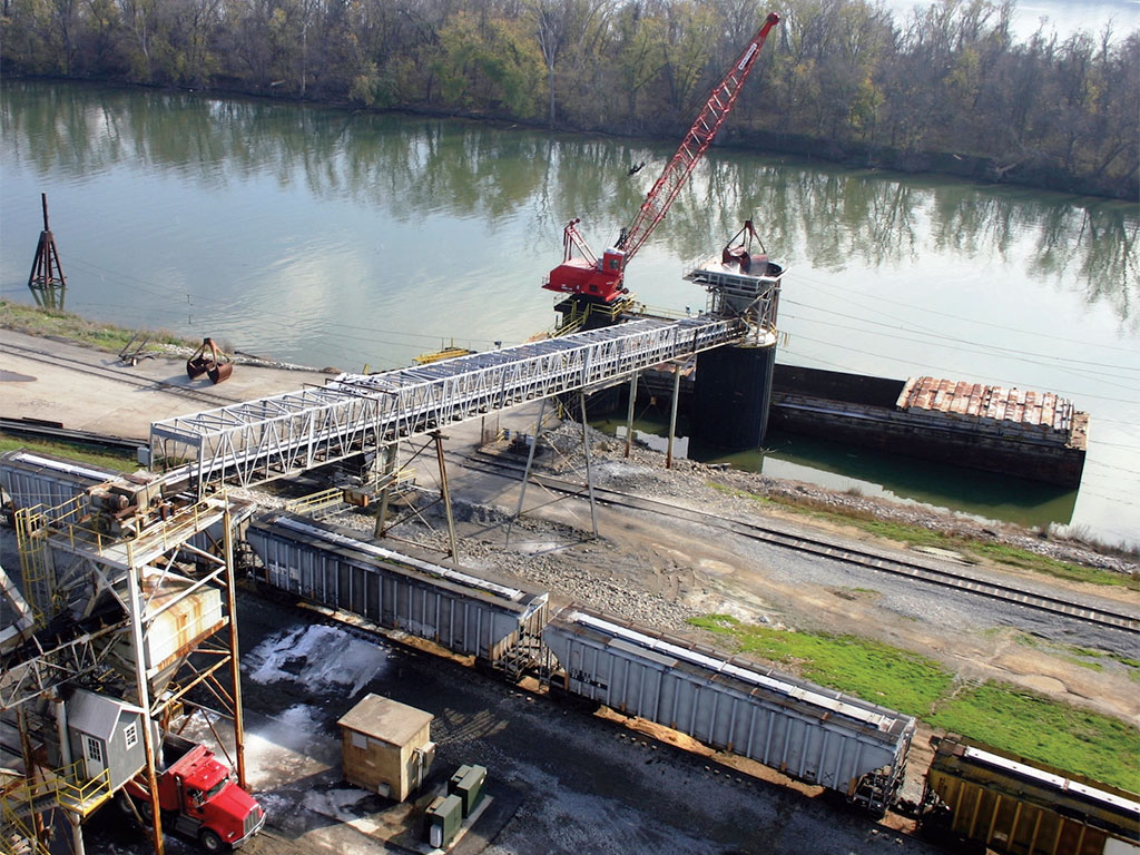 Rail interfaces with barge transport at the Ports of Indiana-Jeffersonville, where shipments of steel and potash are driving recent gains in tonnage.