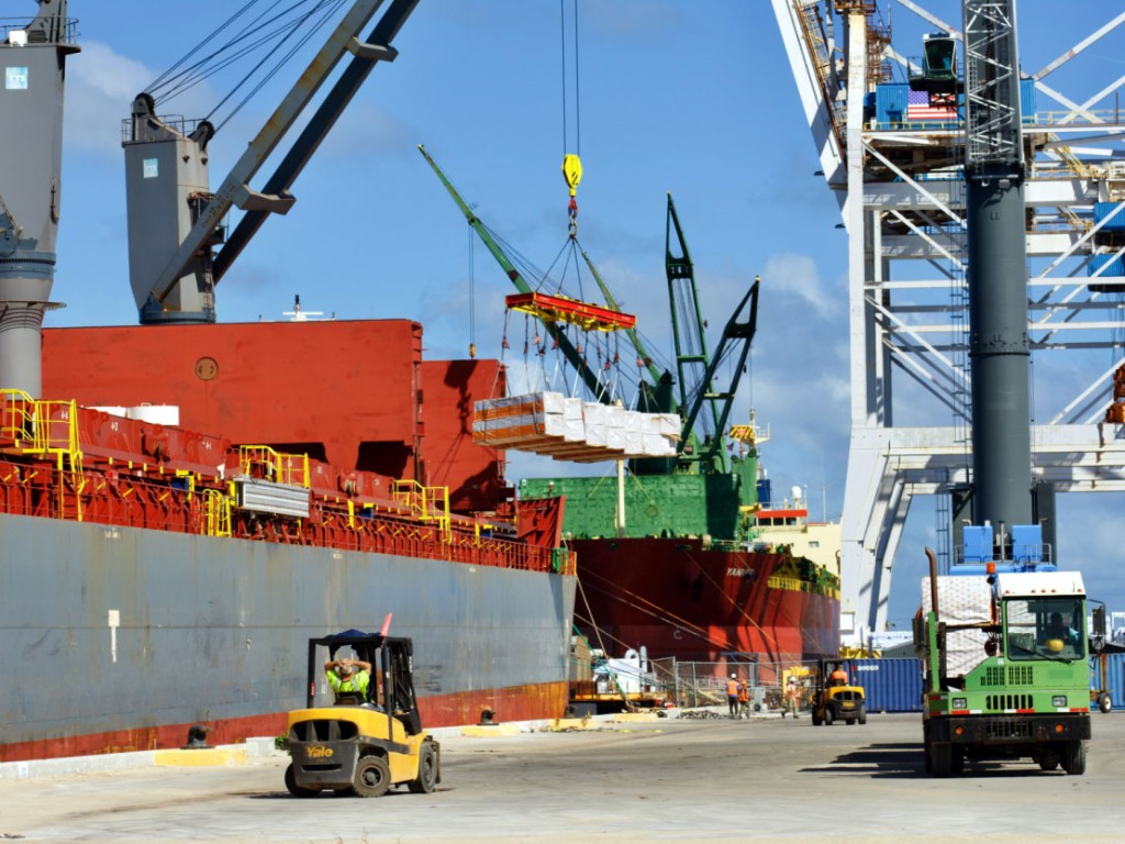 Lumber is discharged from Baltic Shipping’s Rubina at Port Canaveral, helping meet Central Florida real estate and construction boom demands. 