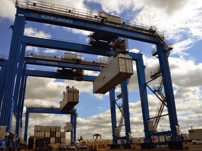 Konecranes rubber-tired gantries move containers of fresh fruit imports at the new yard facility at Delaware’s Port of Wilmington, which continues to be the leading U.S. gateway for such cargo.