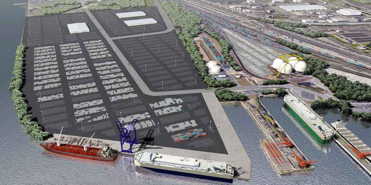 A rendering shows a new multipurpose berth planned for development at the Port of Philadelphia’s SouthPort Marine Terminal using newly announced state funding. 