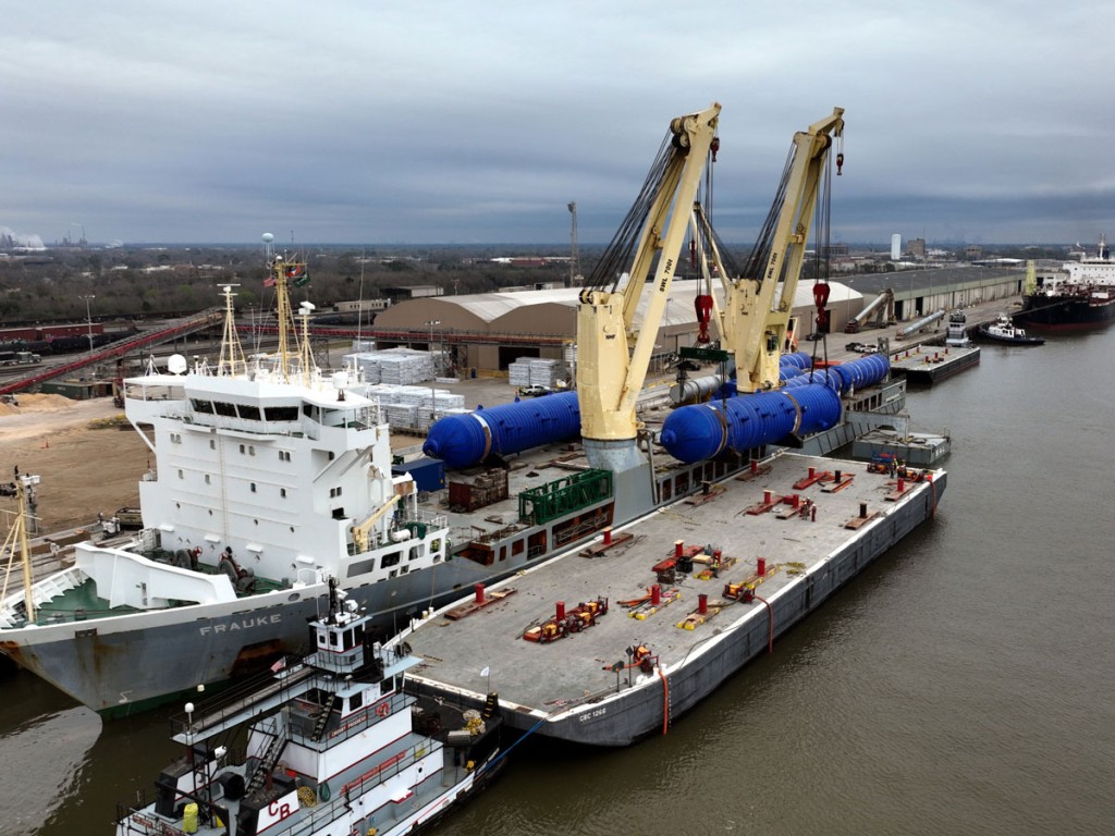 Project cargo destined for a local petrochemical facility is unloaded from vessel to barge at the Port of Port Arthur.