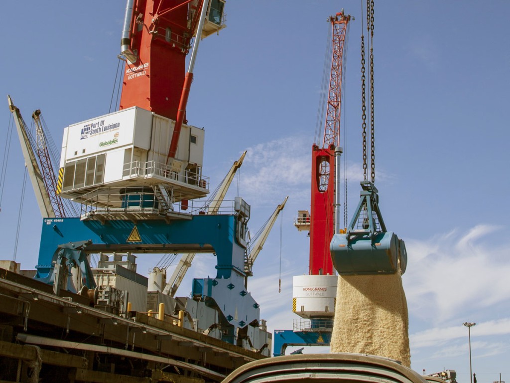 Two newly installed Konecranes Gottwald Model 6 portal harbor cranes operate at Port of South Louisiana’s Globalplex general cargo dock.