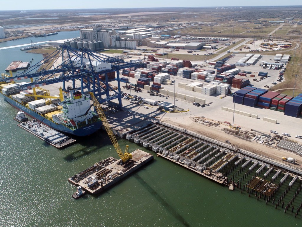 Construction proceeds on expansion of the Velasco Container Terminal at Port Freeport, to deliver a 925-foot-long berth by early 2023. 