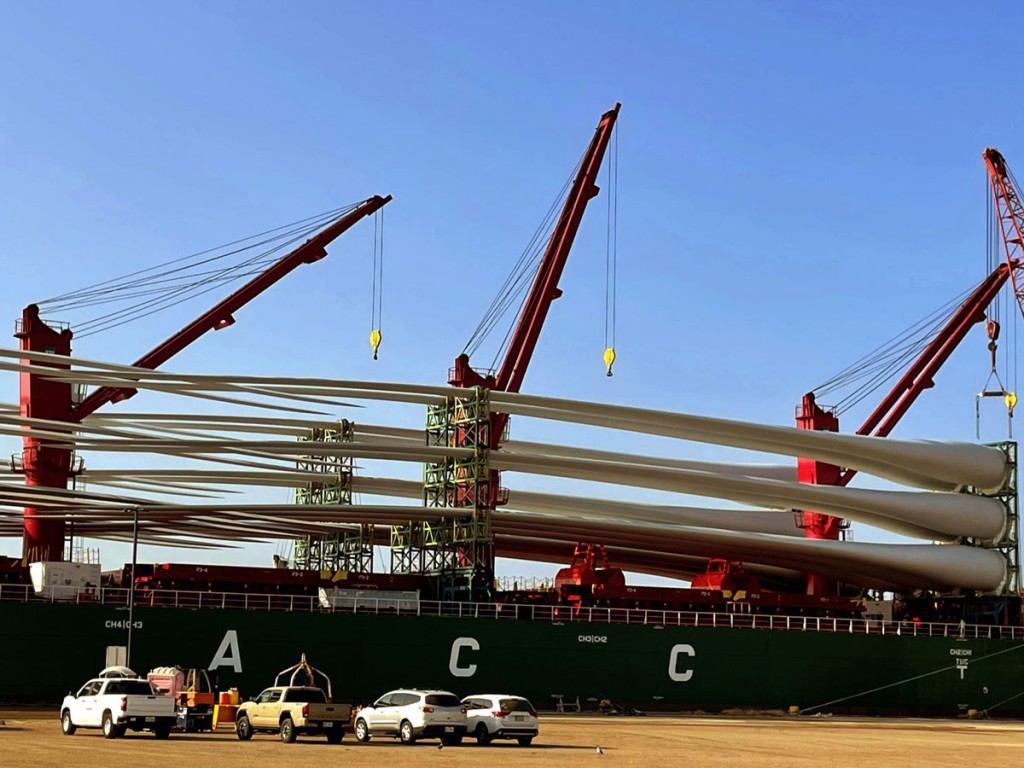 Wind energy blades are offloaded at Aransas Terminal, one of the newest additions to the roster of Texas port facilities. 