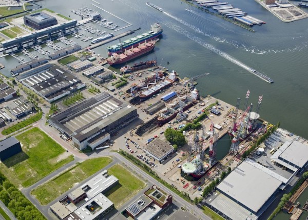 Aerial view Shipdock Amsterdam - Seajacks on the right side of the picture.