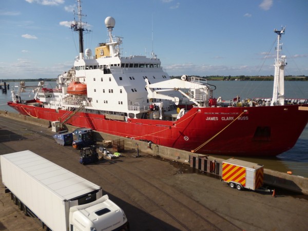 The RSS James Clark Ross making its inaugural call at Harwich International before deploying to the Antarctic