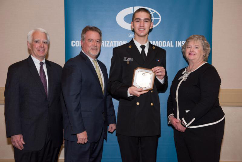 Global Container Terminals (GCT) presented a full four-year scholarship to a cadet at SUNY Maritime College at the Connie Award Scholarship Reception. (From left to right: The Honorable Steve Blust, CII Vice President; John Atkins, GCT President; Jason Rumsey, SUNY Maritime Cadet; Anne Kappel, CII Board Member)
