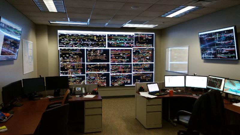 The main control room inside the Chicago Integrated Rail Operations Center (CIROC) 