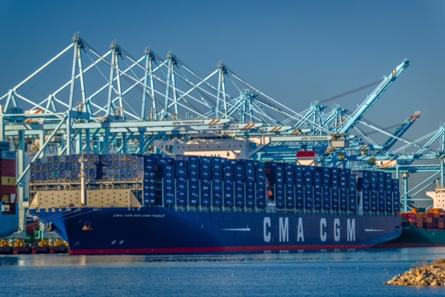 The newly launched 18,000 TEU-class capacity CMA CGM Benjamin Franklin deployed on maiden voyage for French-based line’s trans-Pacific Pearl River Express Service linking major ports in China with US West Coast. 