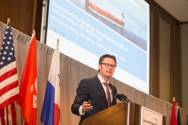 Knut Ørbeck-Nilssen, IACS Chairman and CEO of DNV GL – Maritime, speaking at CMA Shipping 2018 (Source: DNV GL / CMA Shipping 2018)