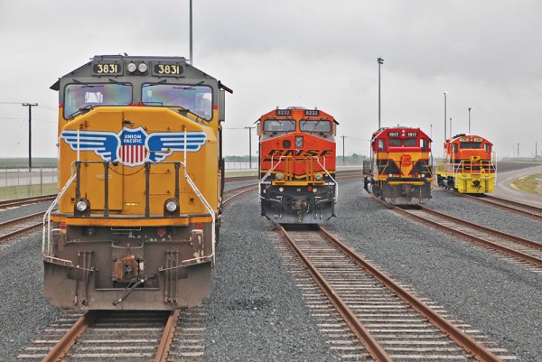 Locomotives from three Class I railroads are staged for action at Port Corpus Christi’s new rail yard.