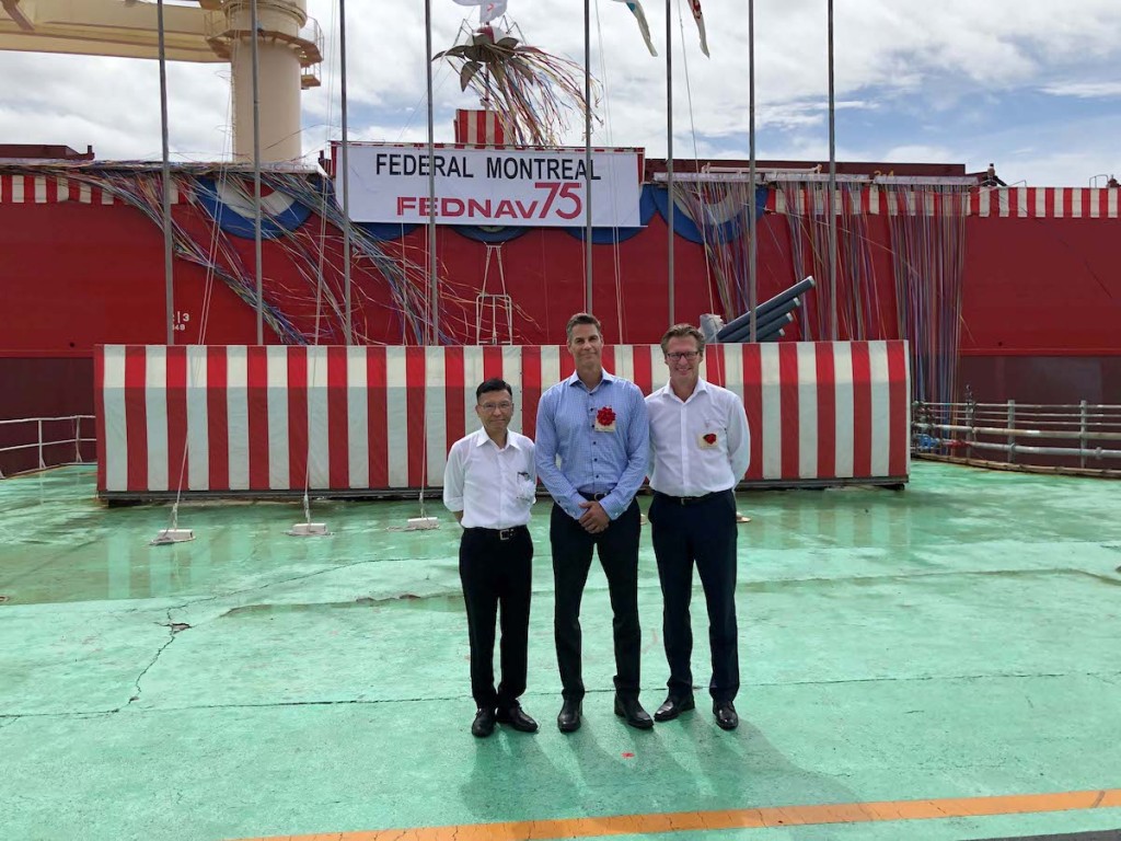 From left to right: Eiichi Hiraga, President of Oshima Shipbuilding, Paul Pathy, President and CEO of Fednav, and Knut Ørbeck-Nilssen, CEO of DNV GL – Maritime, attended the delivery ceremony of the new 34,500 dwt bulk carrier Federal Montreal at the shipyard on Oshima Island.