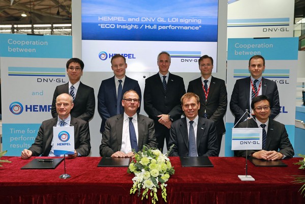 At Marintec China trade fair, Hempel and DNV GL signed an agreement to cooperate for measurable fleet performance improvement (left to right): Claes Skat Roerdam, Fouling Control Marketing Manager at Hempel, Christian Ottosen, Group Vice President Marine Marketing at Hempel, Tor E. Svensen, DNV GL Group Executive Vice President, and Vincent Li, General Manager Maritime Advisory Greater China at DNV GL