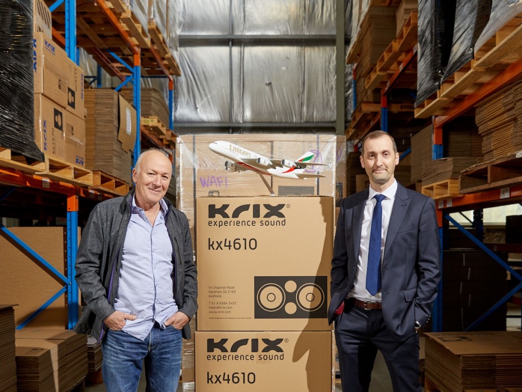 Ashley Krix, Commercial Cinema Sales Director, Krix Speakers (left) and Jason Brown, Adelaide Cargo Manager for Emirates SkyCargo (right). Emirates SkyCargo has helped Krix expand its overseas business.