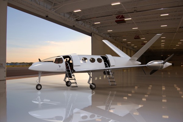 The Eviation Alice commuter all electric passenger aircraft prototype sits in a hangar. Source: Eviation